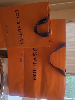 Louis Vuitton Orange Shopping Bags with Blue Handles
